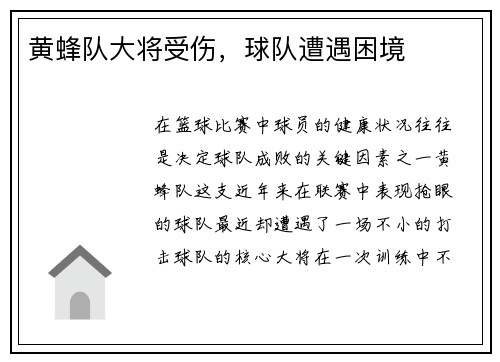 黄蜂队大将受伤，球队遭遇困境